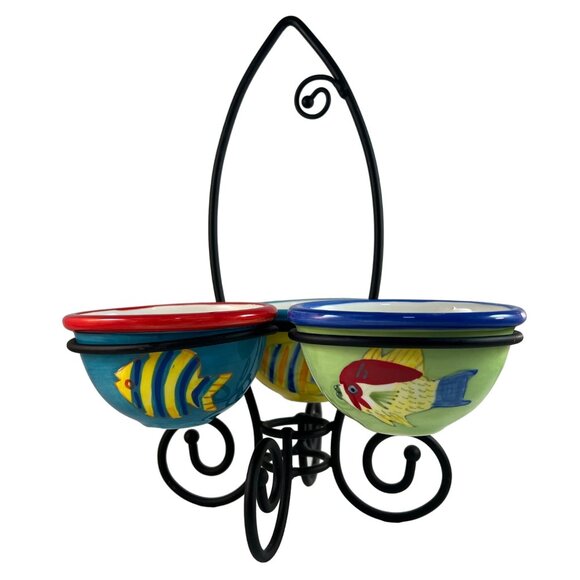 Fish Ceramic Condiment Sauce Holders Metal Fish Shaped Tidbit Caddy - Picture 3 of 16